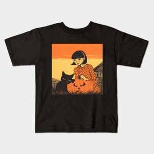 Halloween Brunette Girl in orange dress with black Cat and Pumpkin Kids T-Shirt